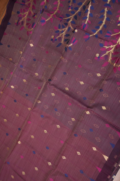 Khaddi Cotton Saree – Wine Purple with Multicolour Woven Motifs & Floral Pallu