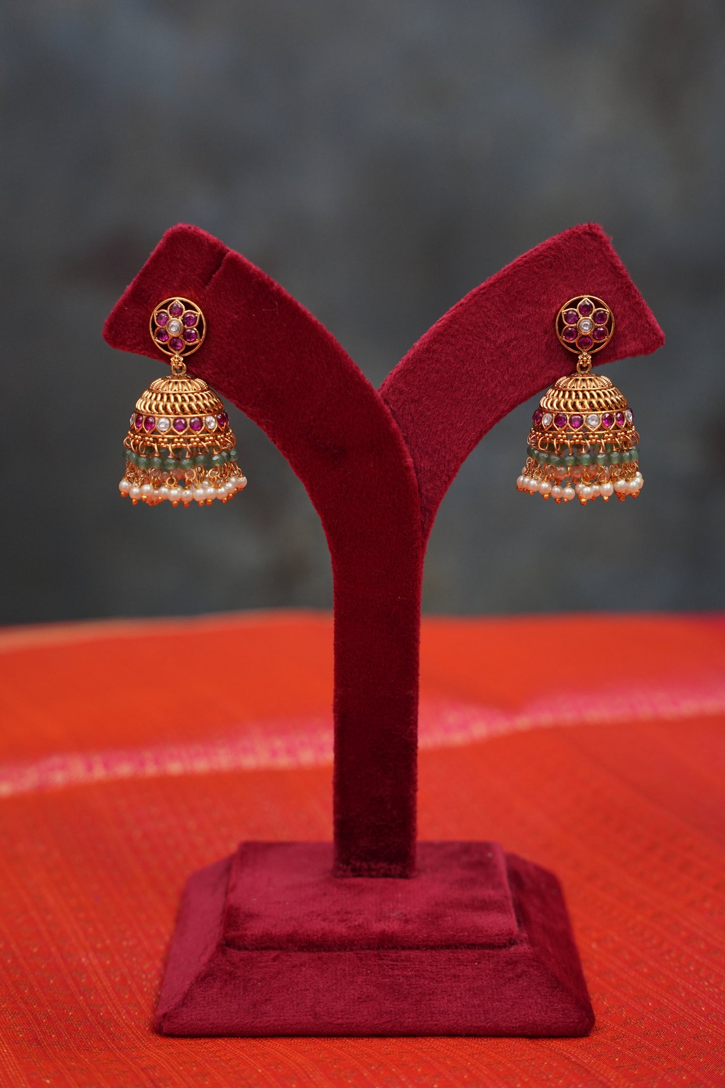 Grand Statement Antique Gold-Plated Temple Haaram Set with Ruby Stone Detailing