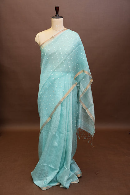 Aqua Blue Pure Muslin Matka Silk Saree|Silk Mark Certified