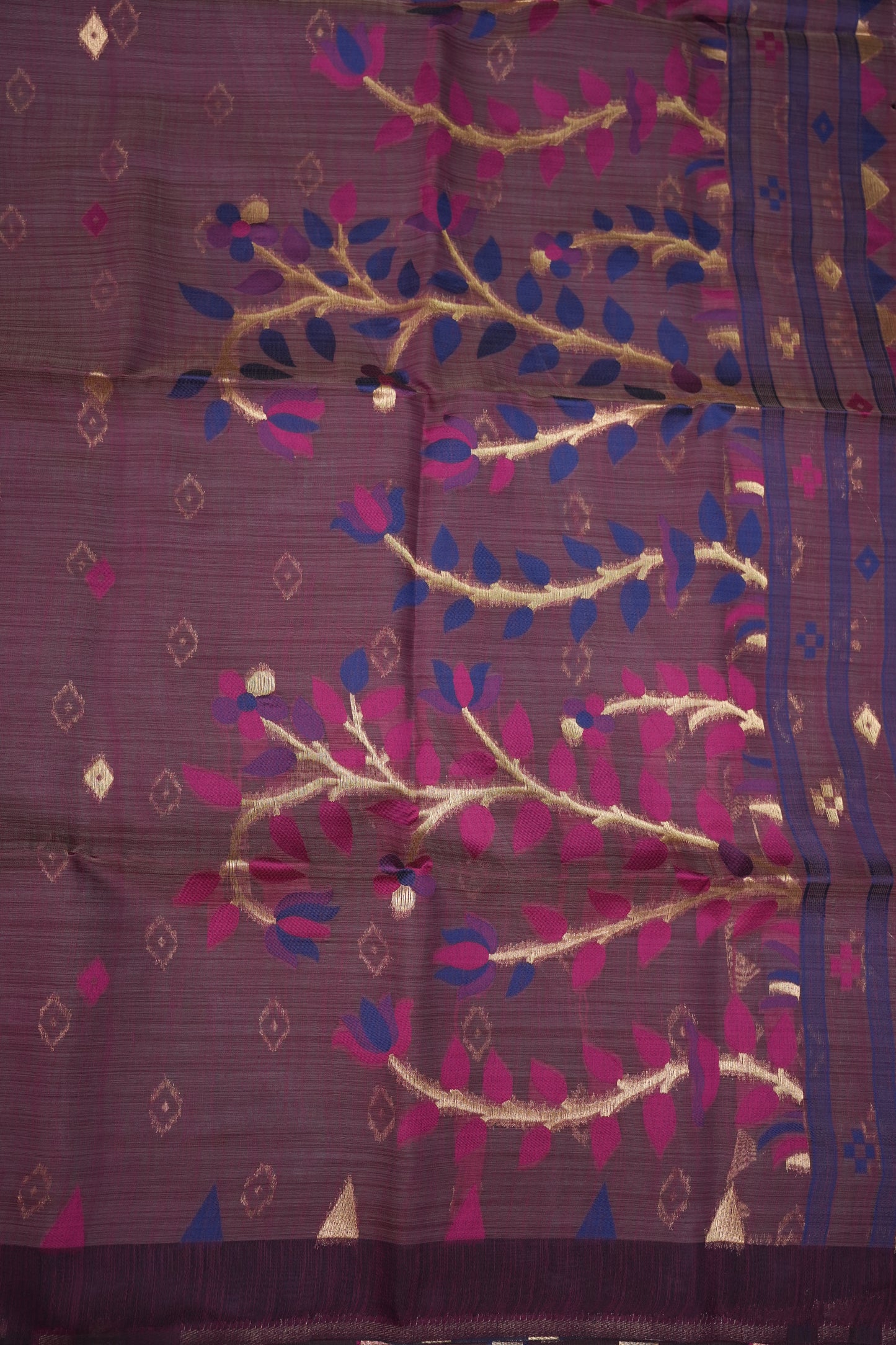 Khaddi Cotton Saree – Wine Purple with Multicolour Woven Motifs & Floral Pallu