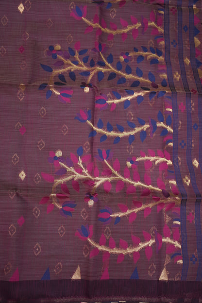 Khaddi Cotton Saree – Wine Purple with Multicolour Woven Motifs & Floral Pallu