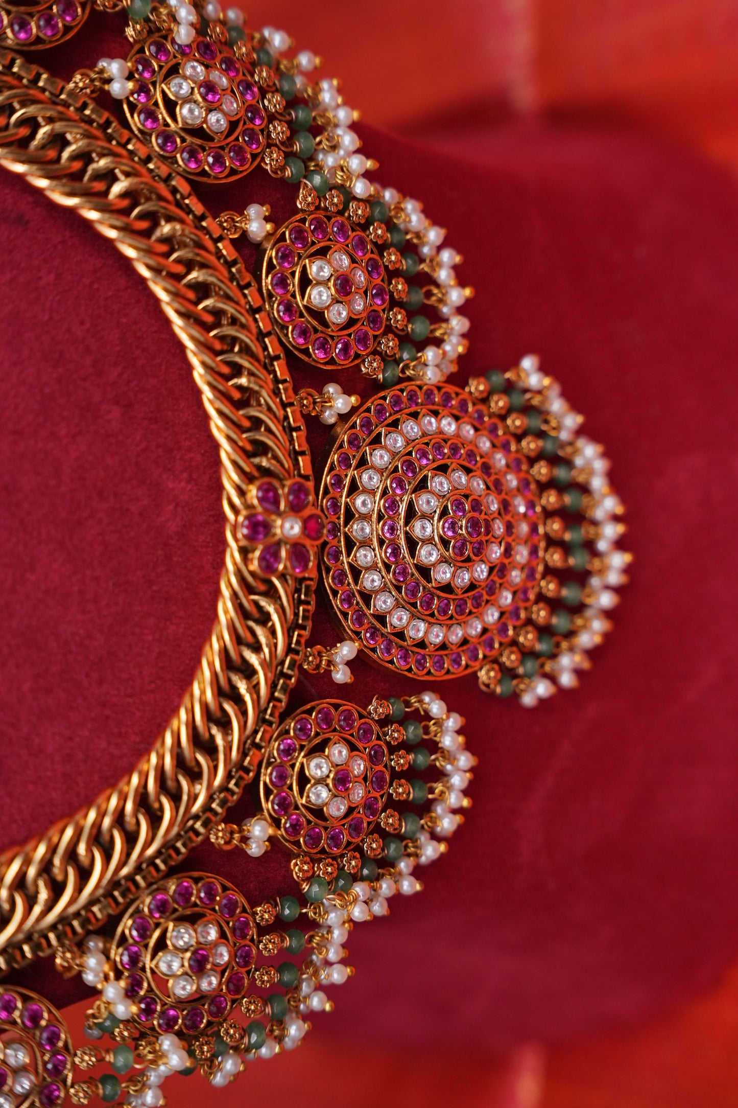 Grand Statement Antique Gold-Plated Temple Haaram Set with Ruby Stone Detailing