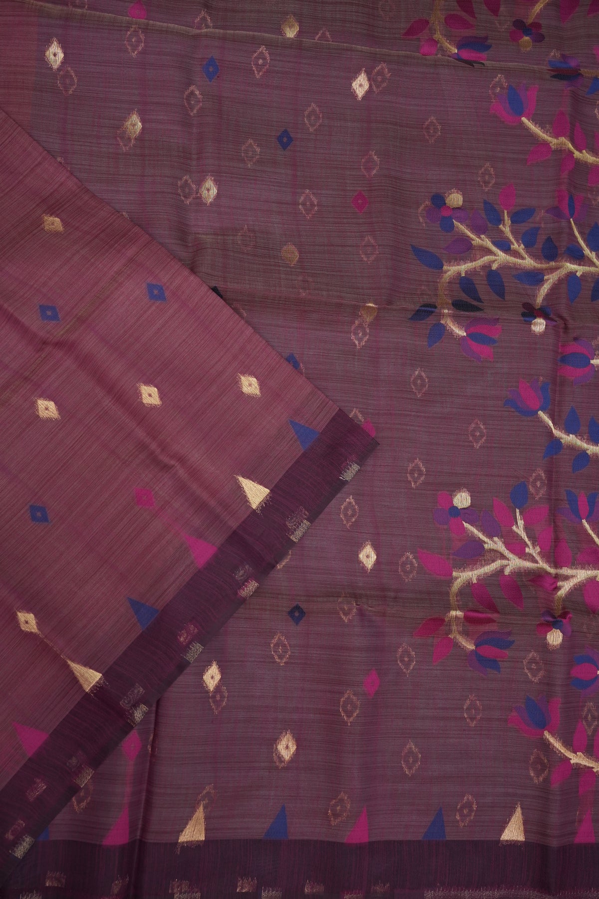 Khaddi Cotton Saree – Wine Purple with Multicolour Woven Motifs & Floral Pallu