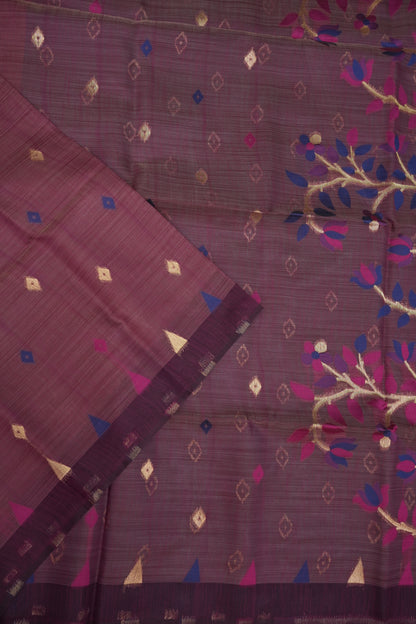 Khaddi Cotton Saree – Wine Purple with Multicolour Woven Motifs & Floral Pallu