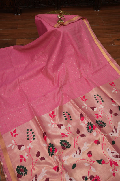 Khaddi Cotton Saree with Paithani-Inspired Border – Pink
