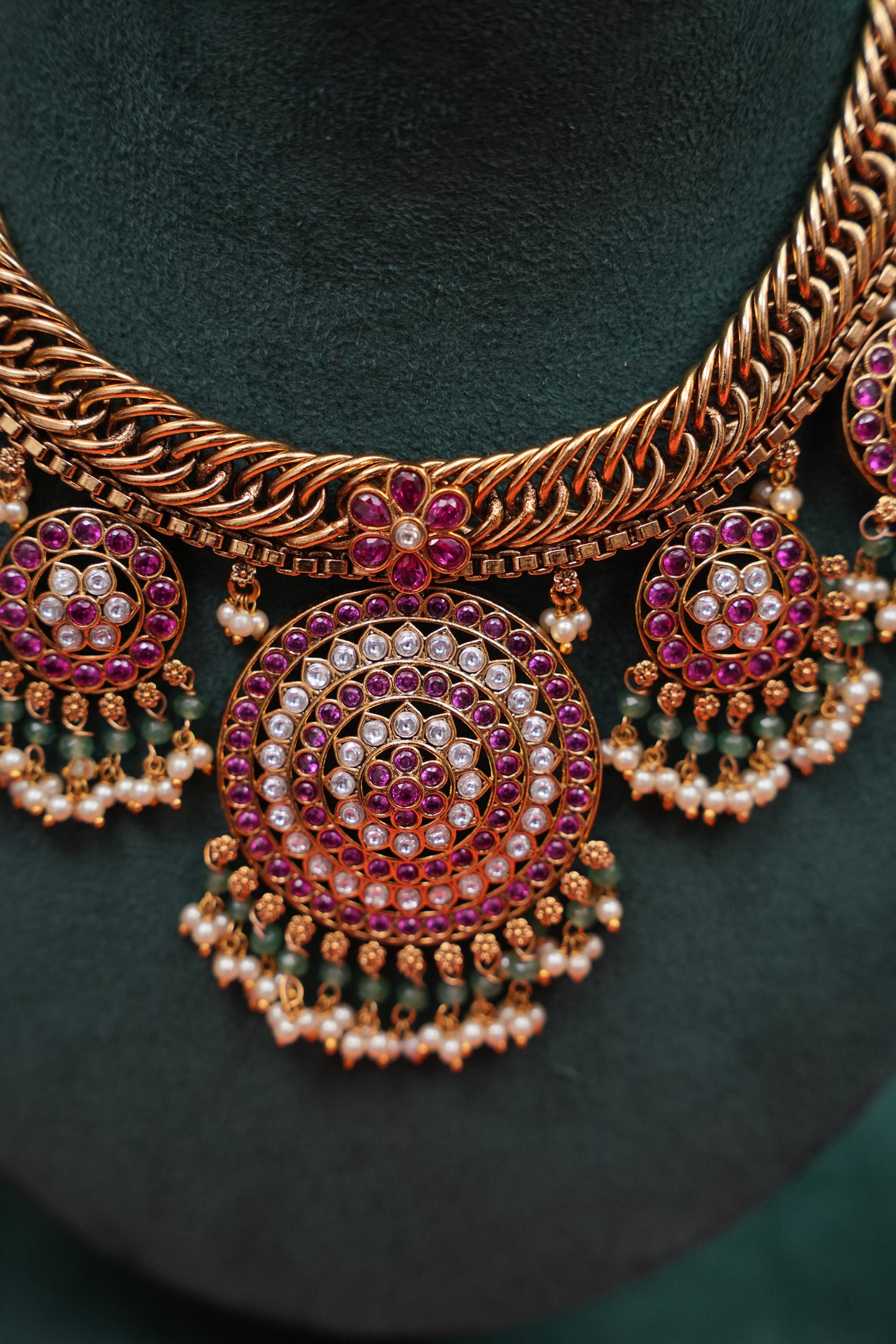 Grand Statement Antique Gold-Plated Temple Haaram Set with Ruby Stone Detailing