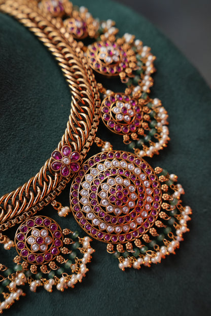 Royal Statement Antique Gold-Plated Temple Necklace Set with Ruby Motifs
