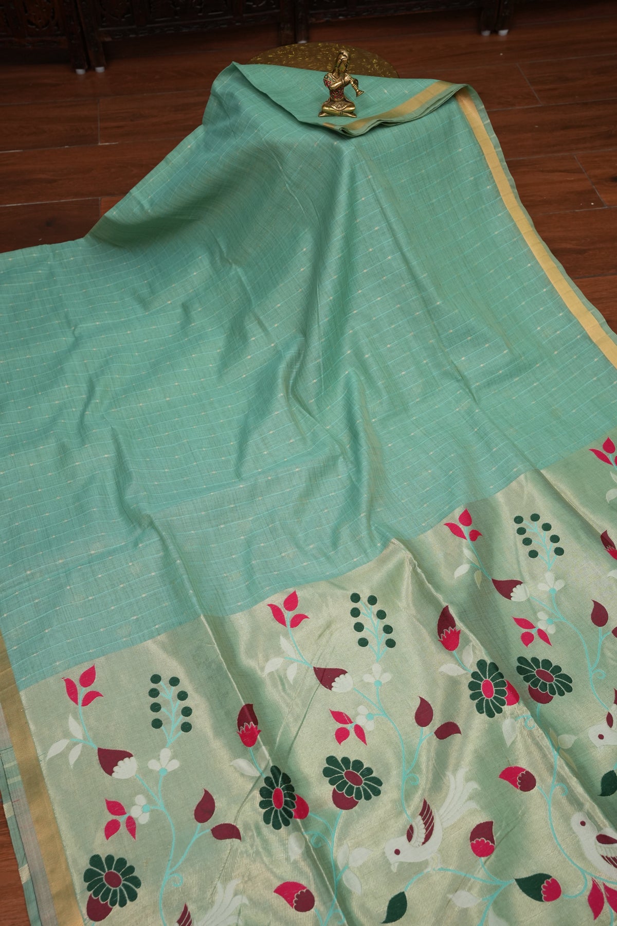 Khaddi Cotton Saree with Paithani-Inspired Border – Aqua Blue