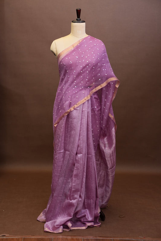 Mauve Pink Pure Muslin Pure Silk Saree|Silk Mark Certified