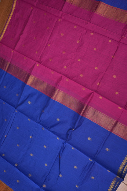 Semi Maheshwari Silk Cotton Saree with thin Gold Zari Buttas