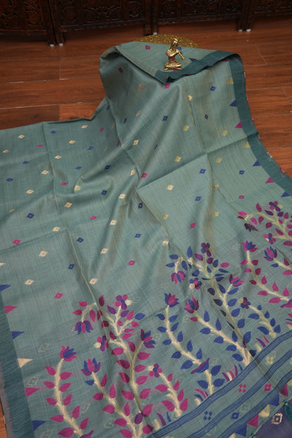 Khaddi Cotton Saree – Sage Green with Multicolour Woven Motifs & Floral Pallu