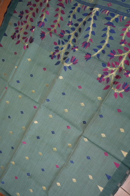 Khaddi Cotton Saree – Sage Green with Multicolour Woven Motifs & Floral Pallu