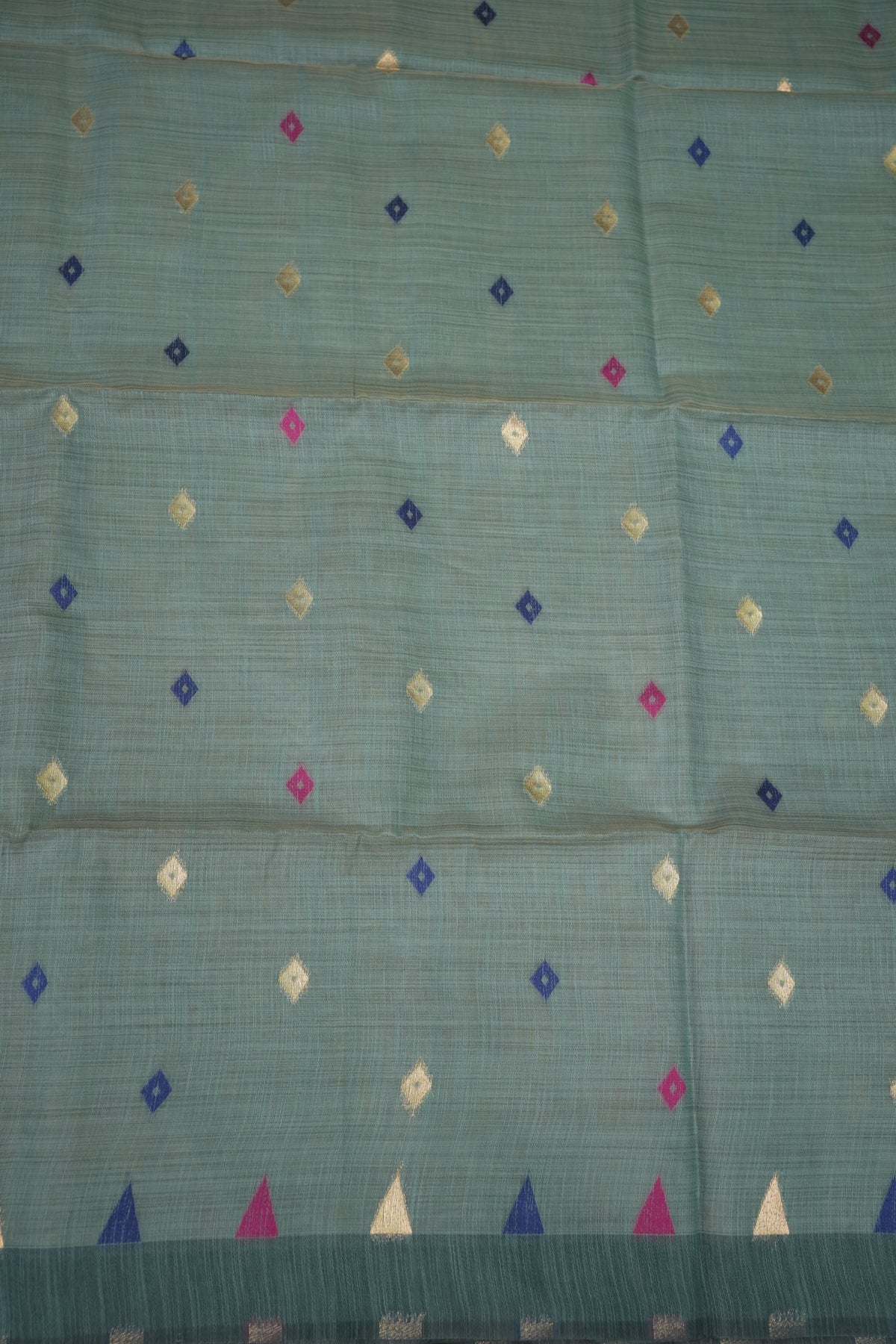 Khaddi Cotton Saree – Sage Green with Multicolour Woven Motifs & Floral Pallu