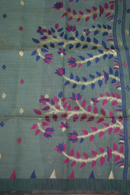 Khaddi Cotton Saree – Sage Green with Multicolour Woven Motifs & Floral Pallu