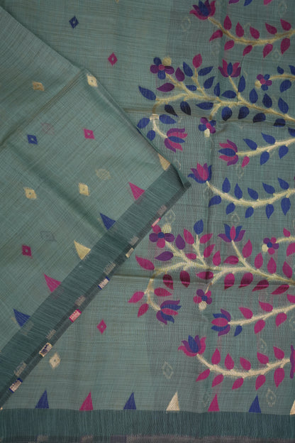 Khaddi Cotton Saree – Sage Green with Multicolour Woven Motifs & Floral Pallu