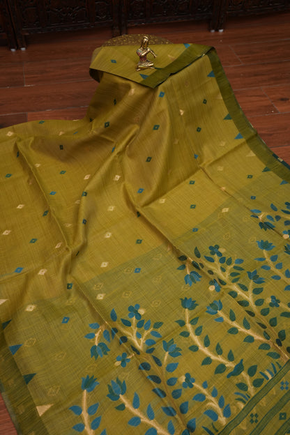 Khaddi Cotton Saree – Mustard Green with Teal Floral Pallu