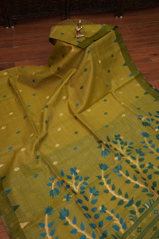 Khaddi Cotton Saree – Mustard Green with Teal Floral Pallu