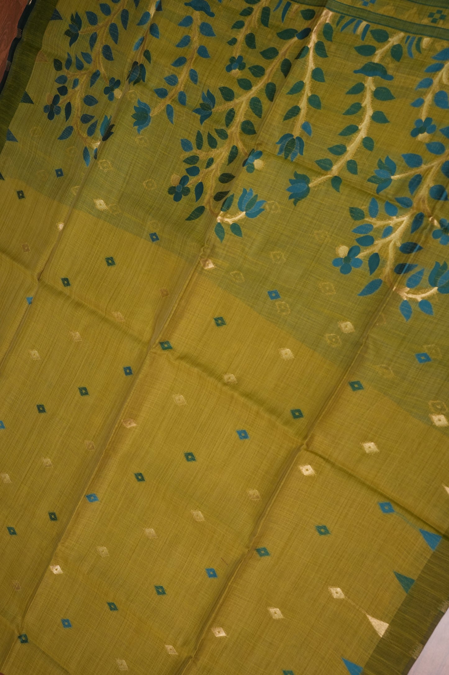 Khaddi Cotton Saree – Mustard Green with Teal Floral Pallu