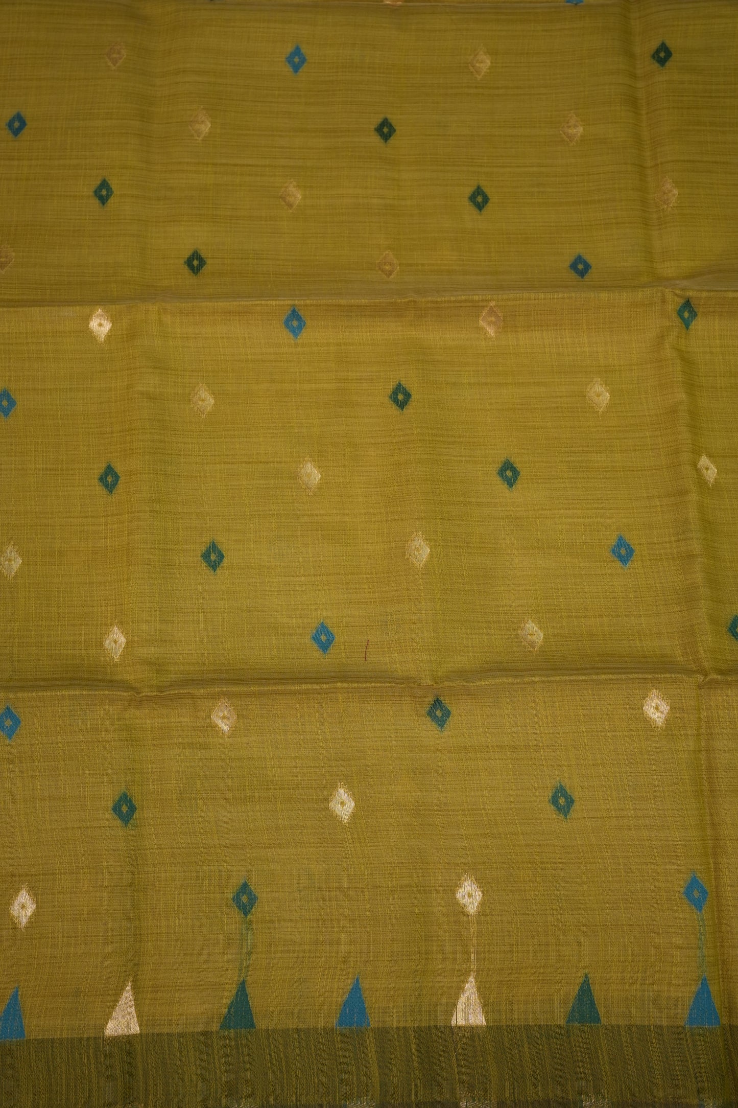 Khaddi Cotton Saree – Mustard Green with Teal Floral Pallu