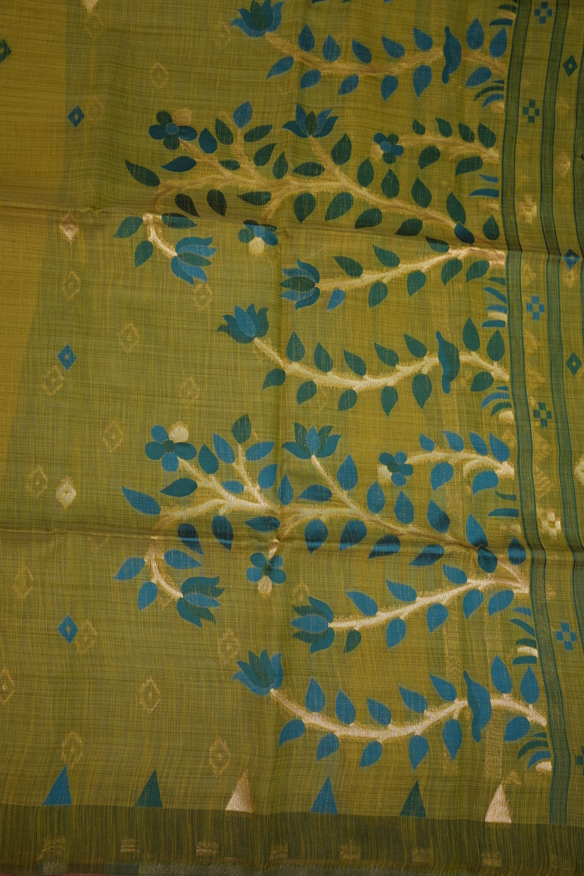 Khaddi Cotton Saree – Mustard Green with Teal Floral Pallu