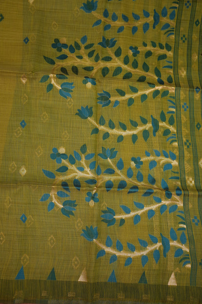 Khaddi Cotton Saree – Mustard Green with Teal Floral Pallu