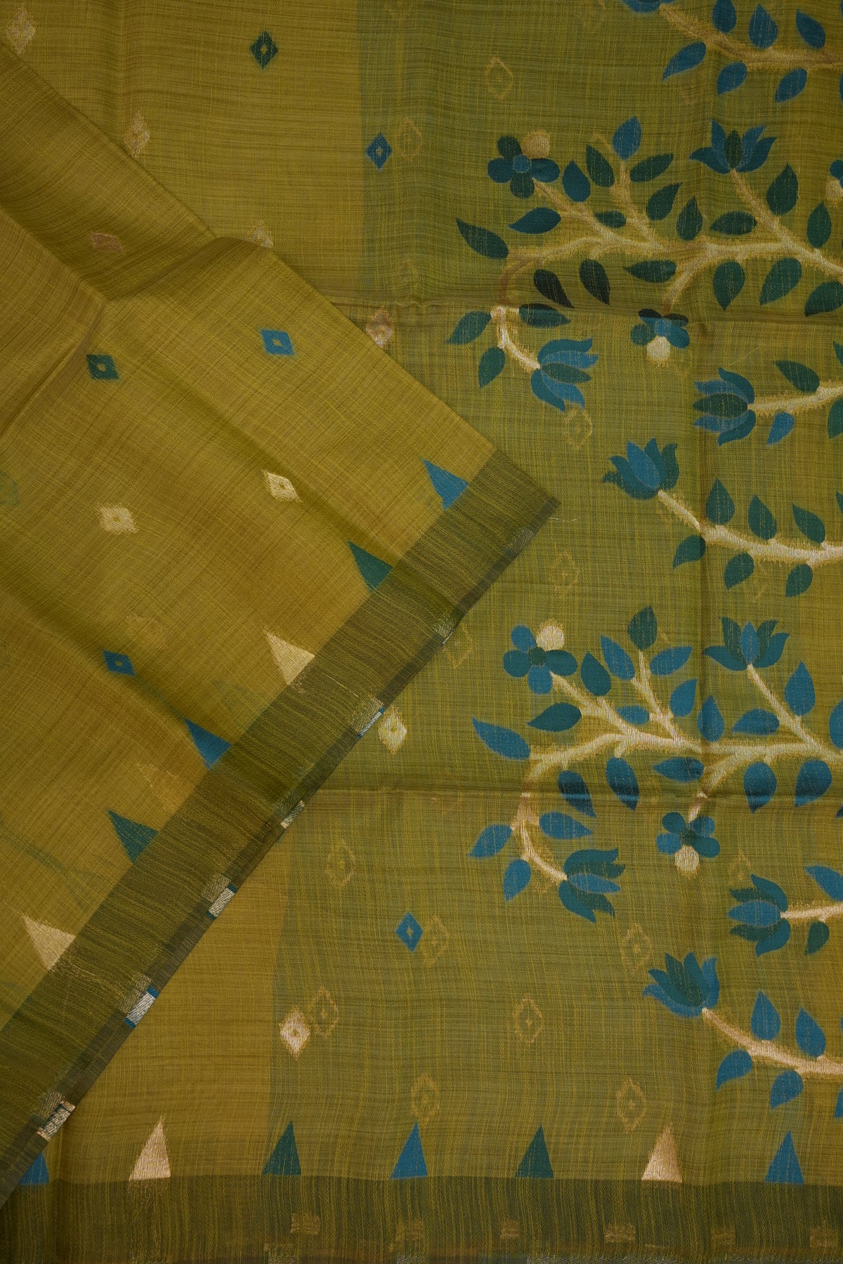 Khaddi Cotton Saree – Mustard Green with Teal Floral Pallu