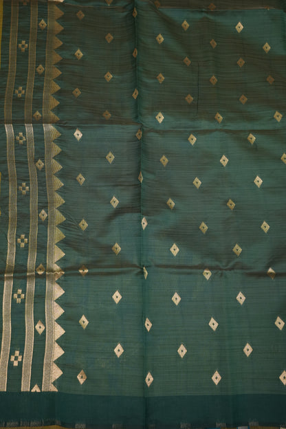 Khaddi Cotton Saree – Mustard Green with Teal Floral Pallu