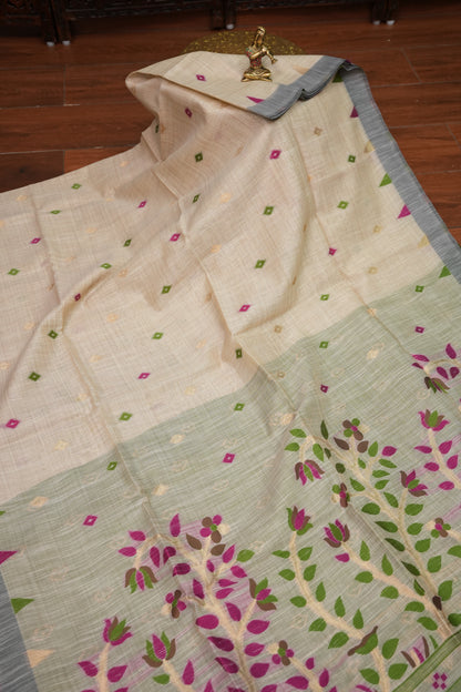 Khaddi Cotton Saree – Ivory & Green with Woven Motifs and Floral Pallu