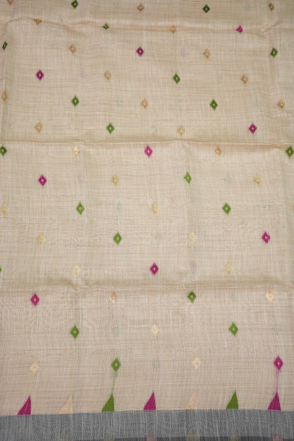 Khaddi Cotton Saree – Ivory & Green with Woven Motifs and Floral Pallu