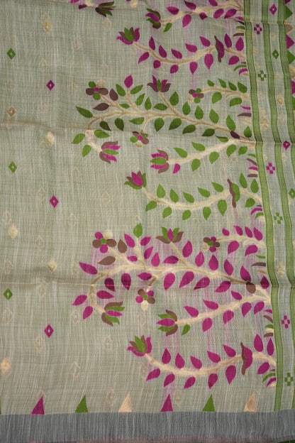 Khaddi Cotton Saree – Ivory & Green with Woven Motifs and Floral Pallu