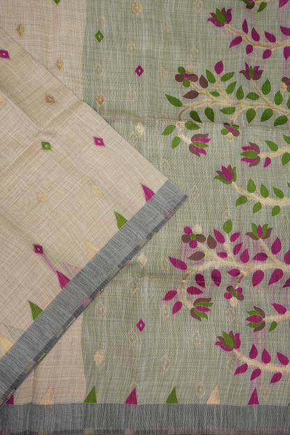 Khaddi Cotton Saree – Ivory & Green with Woven Motifs and Floral Pallu