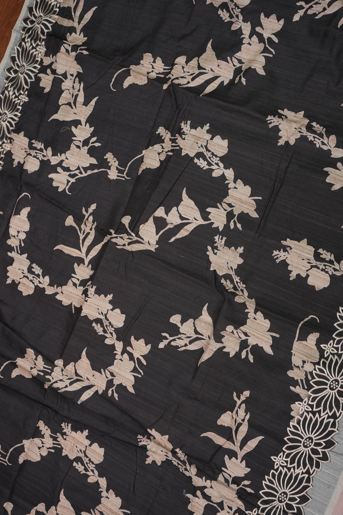 Semi Tussar Saree with Embroidered Floral Borders – Black with Autumn Florals
