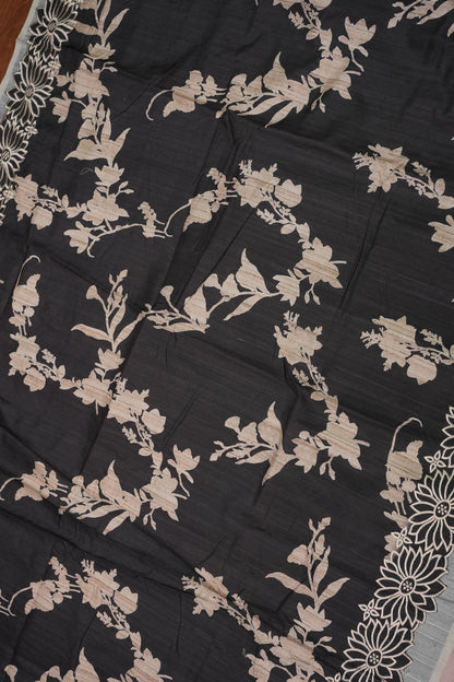 Semi Tussar Saree with Embroidered Floral Borders – Black with Autumn Florals