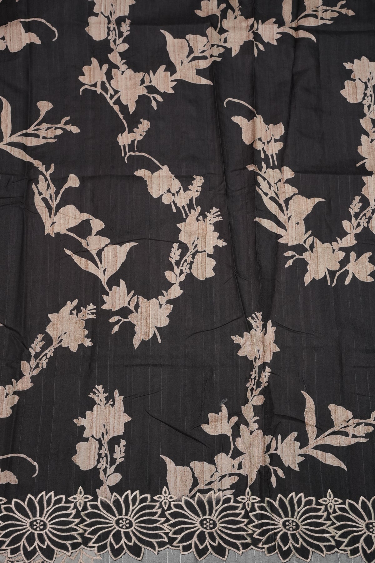 Semi Tussar Saree with Embroidered Floral Borders – Black with Autumn Florals