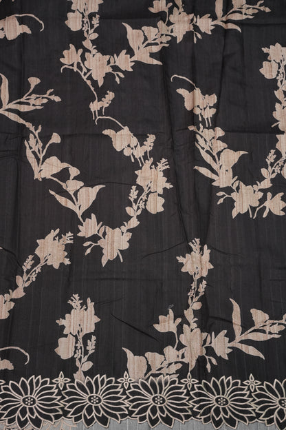 Semi Tussar Saree with Embroidered Floral Borders – Black with Autumn Florals