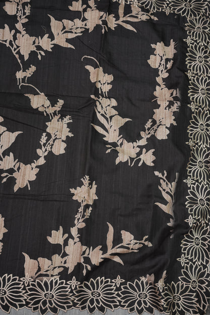 Semi Tussar Saree with Embroidered Floral Borders – Black with Autumn Florals