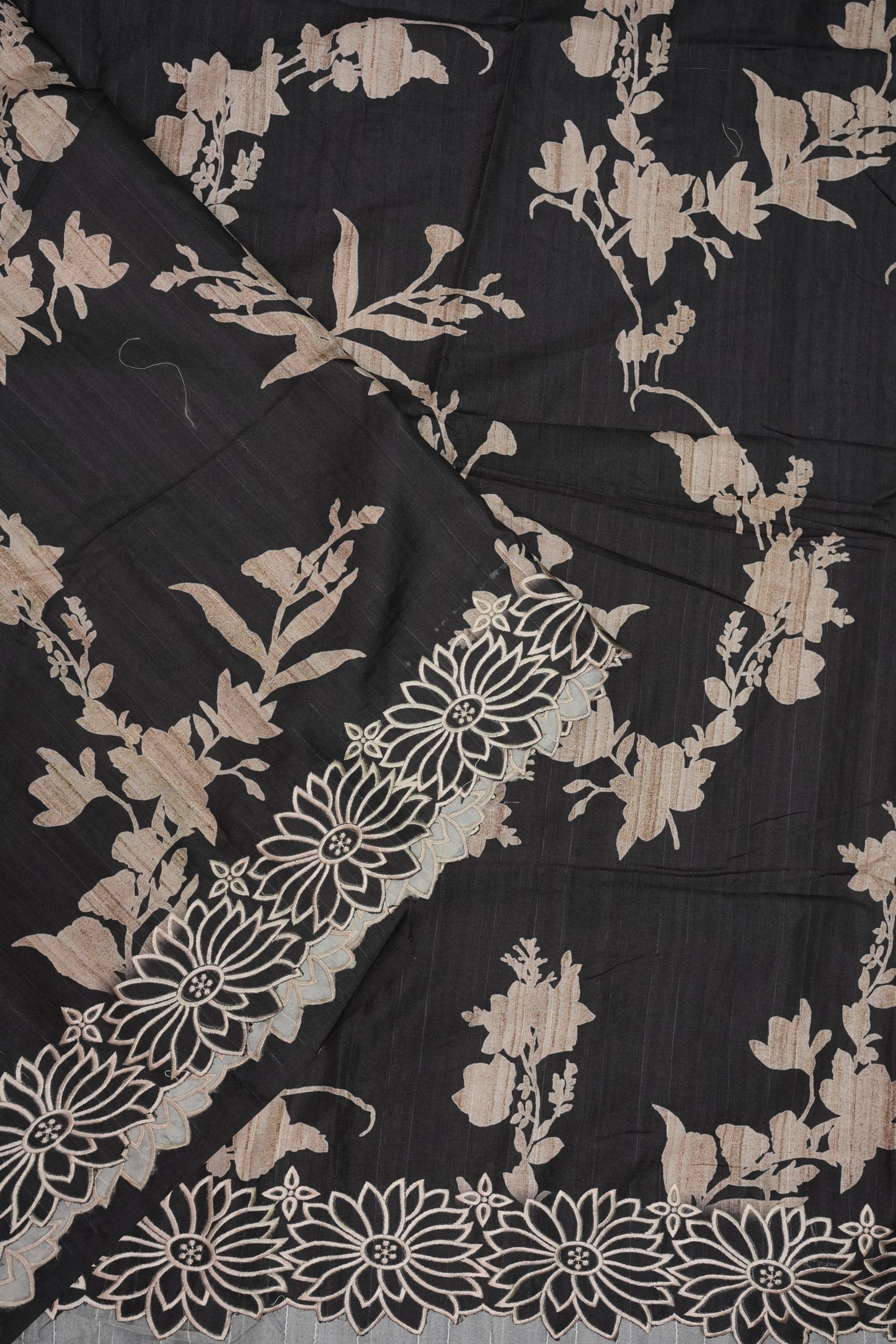 Semi Tussar Saree with Embroidered Floral Borders – Black with Autumn Florals