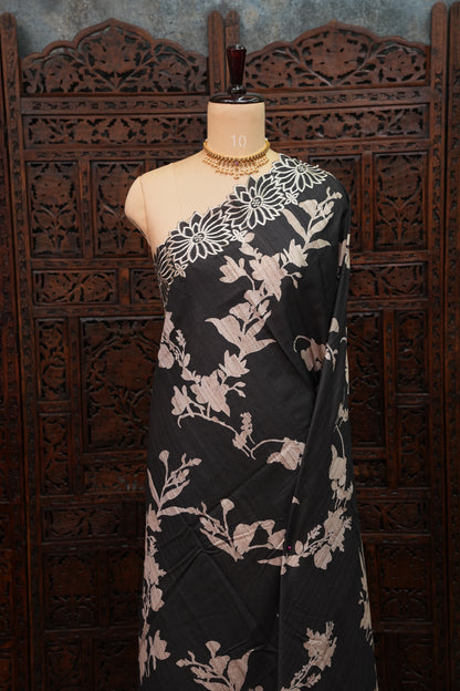 Semi Tussar Saree with Embroidered Floral Borders – Black with Autumn Florals
