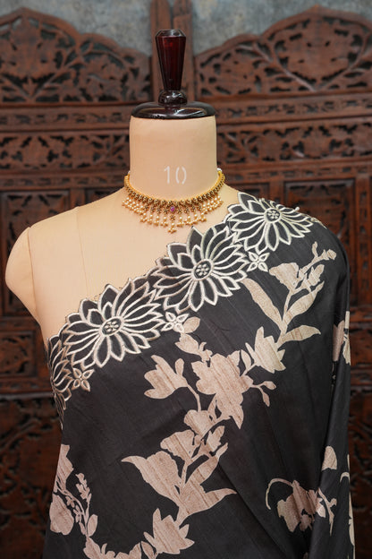 Semi Tussar Saree with Embroidered Floral Borders – Black with Autumn Florals