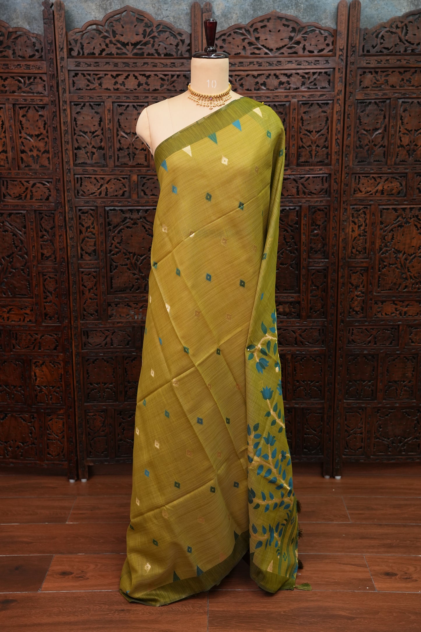 Khaddi Cotton Saree – Mustard Green with Teal Floral Pallu