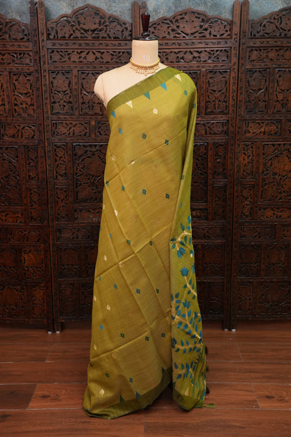 Khaddi Cotton Saree – Mustard Green with Teal Floral Pallu
