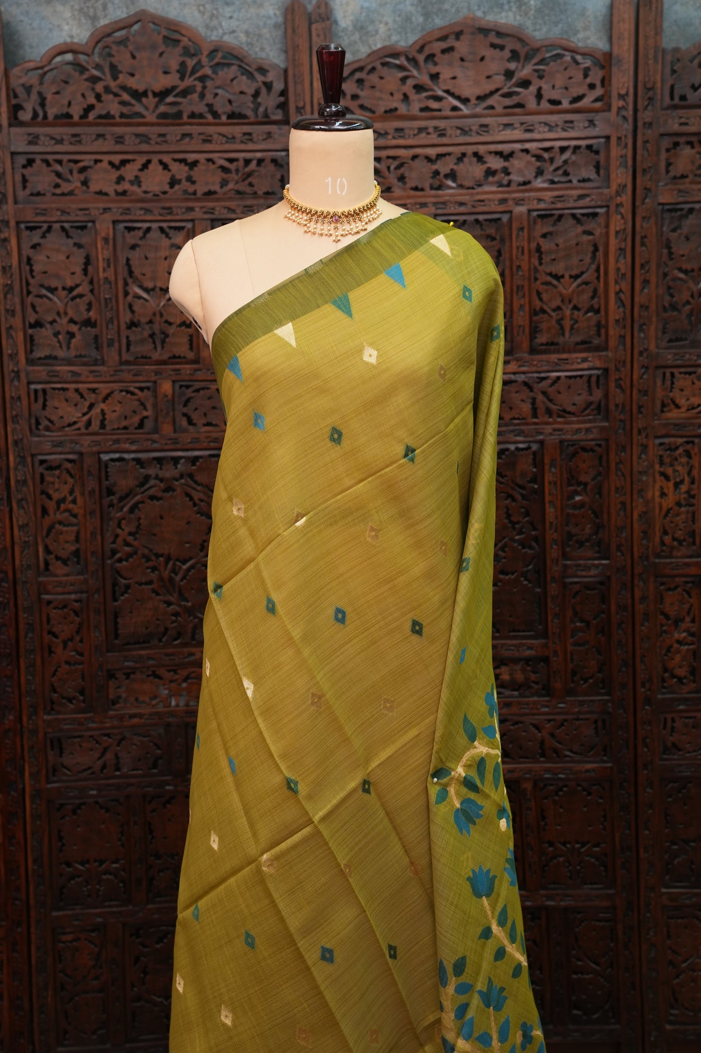 Khaddi Cotton Saree – Mustard Green with Teal Floral Pallu