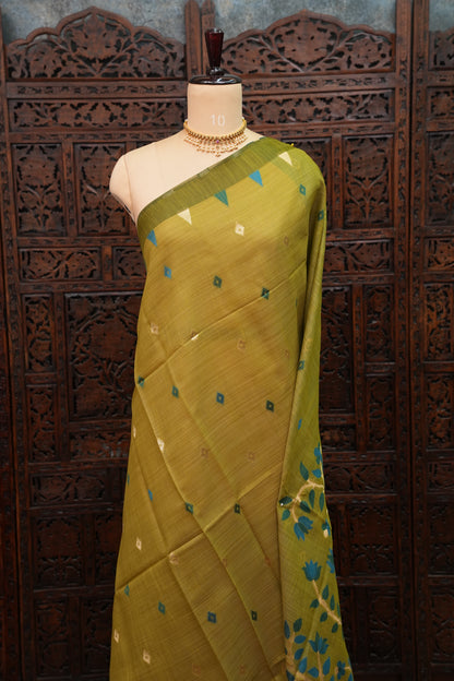 Khaddi Cotton Saree – Mustard Green with Teal Floral Pallu
