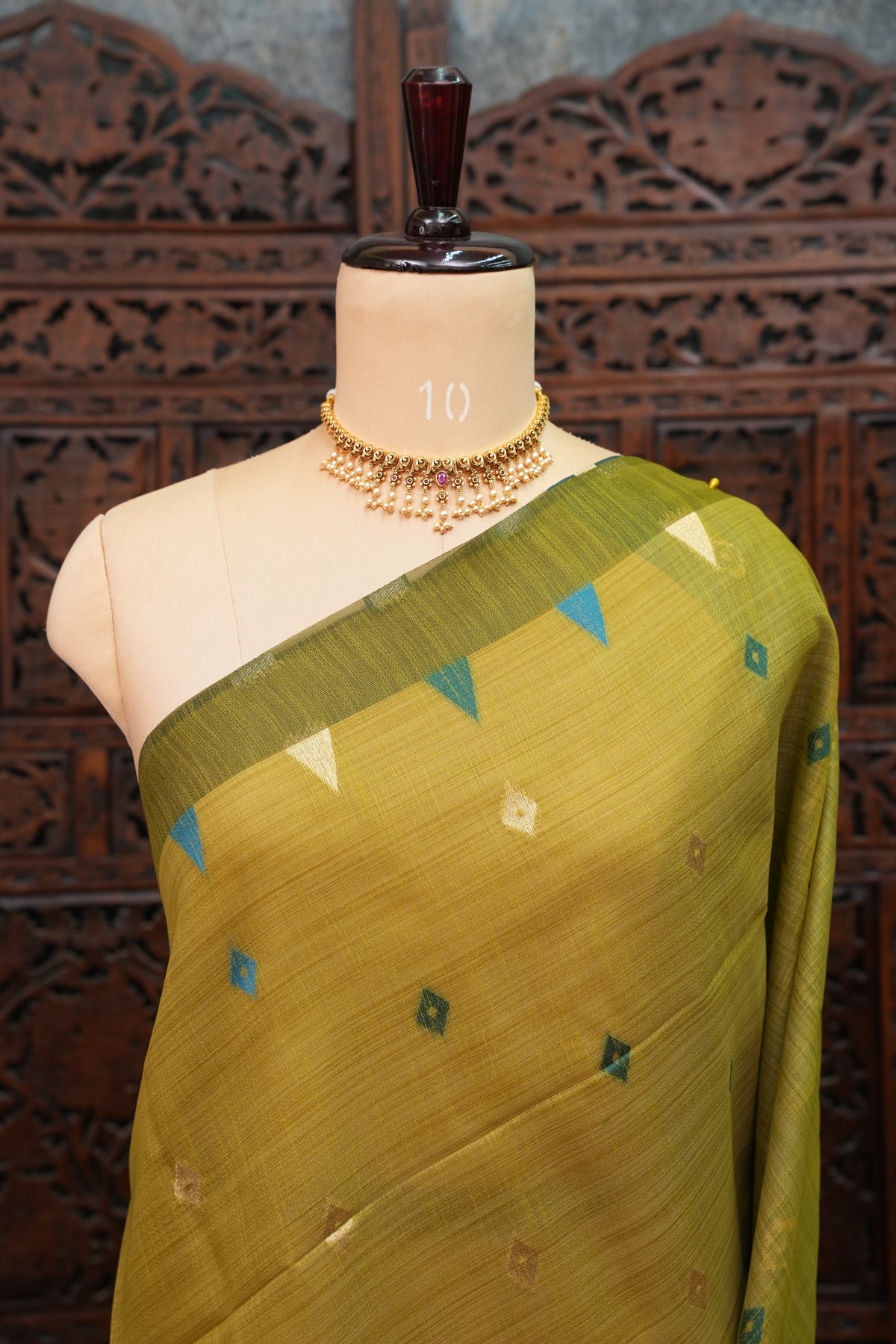 Khaddi Cotton Saree – Mustard Green with Teal Floral Pallu