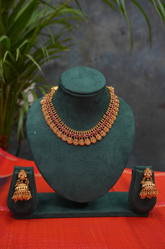 Antique Gold-Plated Coin Mala Choker Necklace Set with Ruby Accents