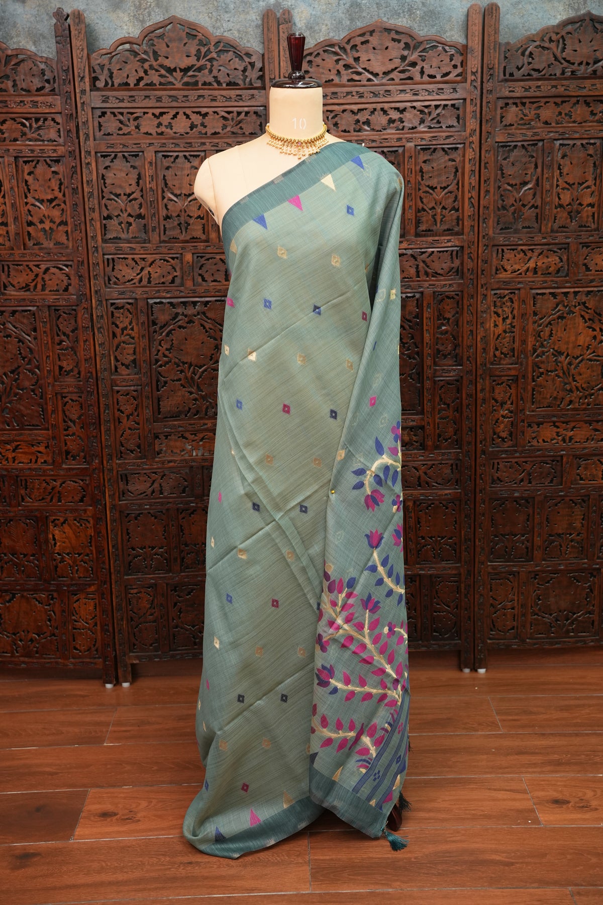 Khaddi Cotton Saree – Sage Green with Multicolour Woven Motifs & Floral Pallu