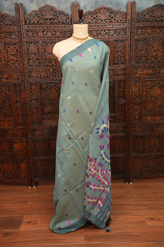 Khaddi Cotton Saree – Sage Green with Multicolour Woven Motifs & Floral Pallu
