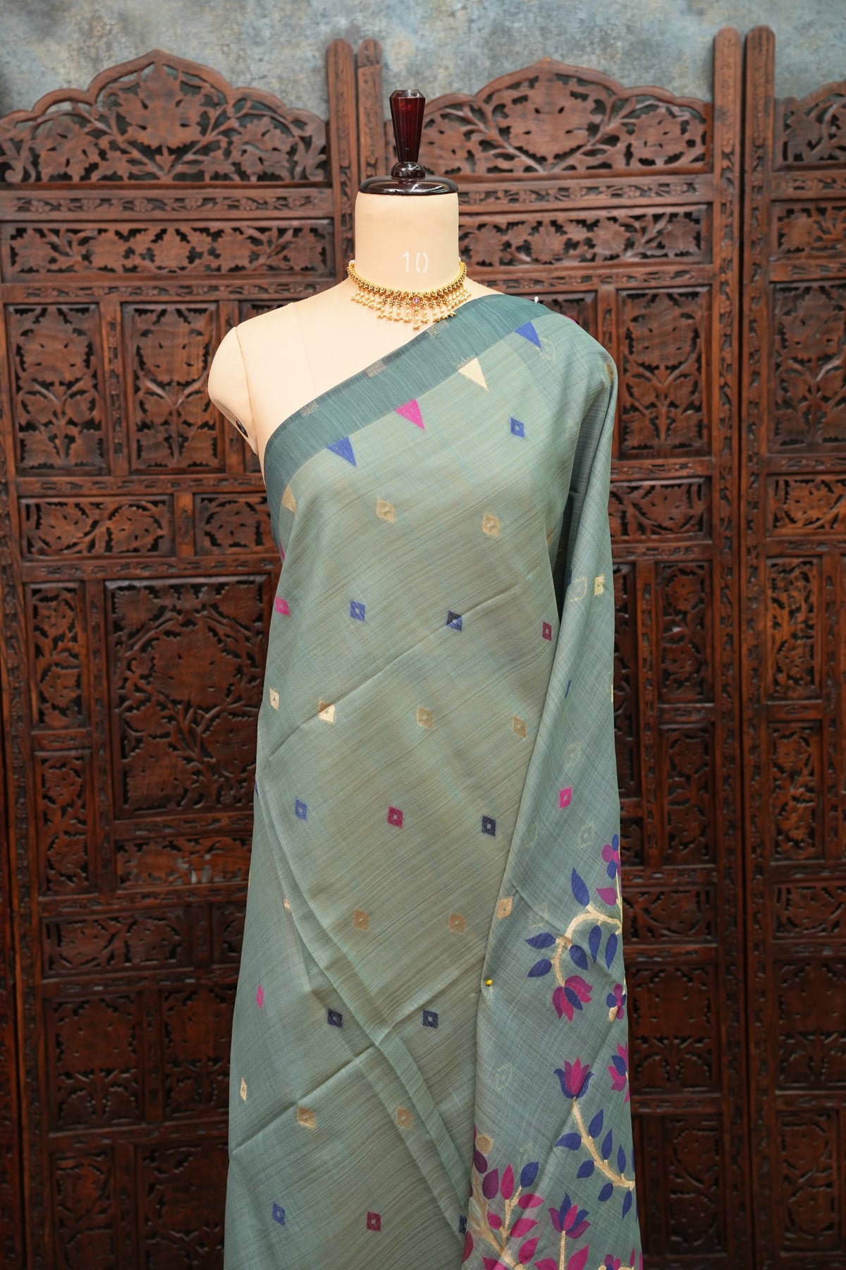 Khaddi Cotton Saree – Sage Green with Multicolour Woven Motifs & Floral Pallu