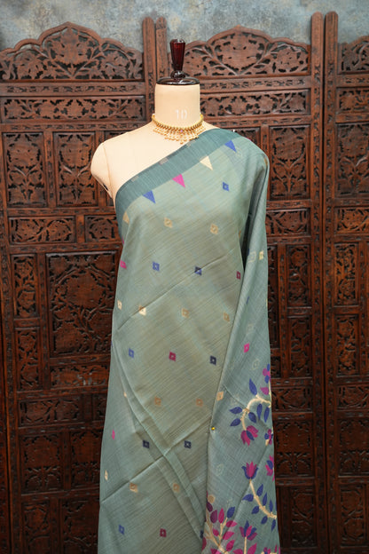 Khaddi Cotton Saree – Sage Green with Multicolour Woven Motifs & Floral Pallu