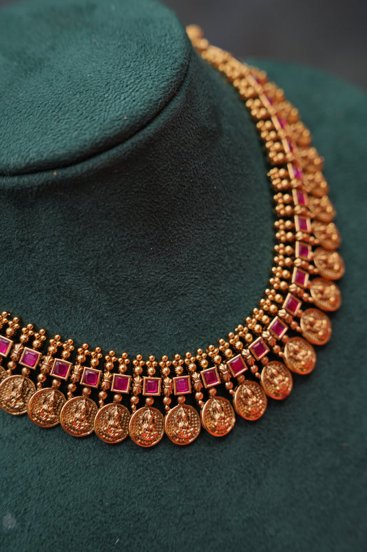 Antique Gold-Plated Coin Mala Choker Necklace Set with Ruby Accents